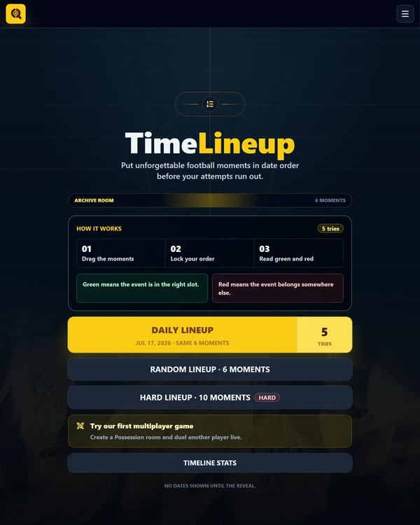 Screenshot of TimeLineup, a daily sports game