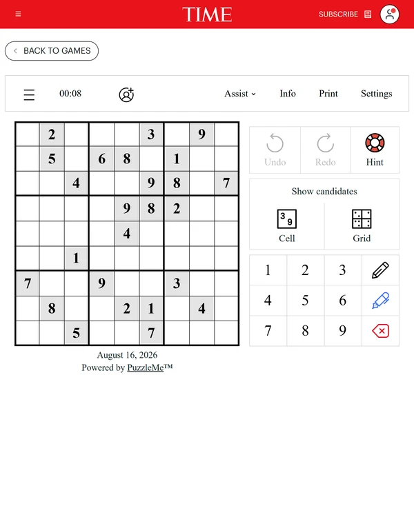 Screenshot of TIME Sudoku, a daily logic game