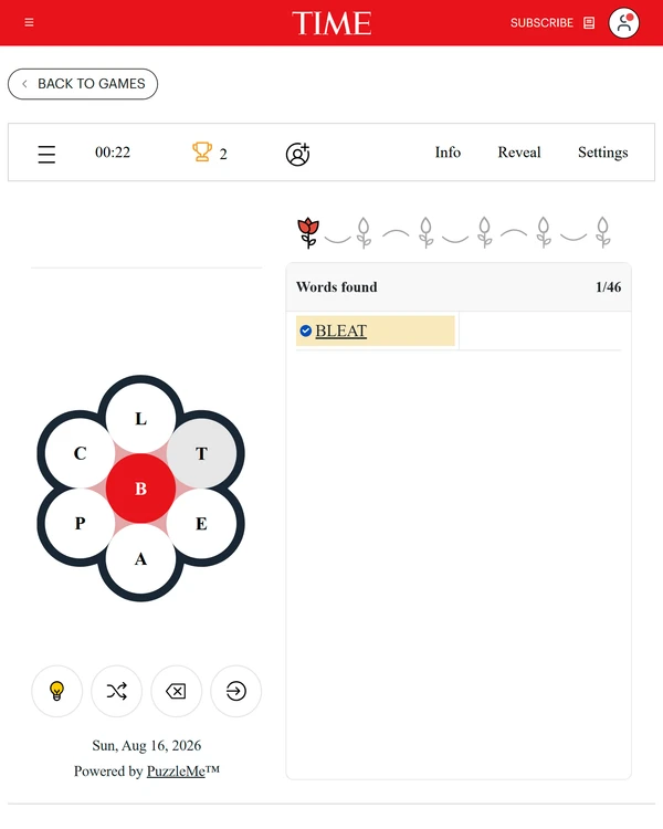 Screenshot of TIME Word Flower, a daily word game