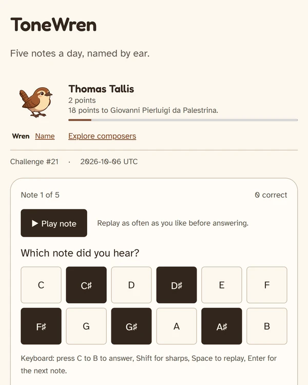 Screenshot of ToneWren, a daily music game