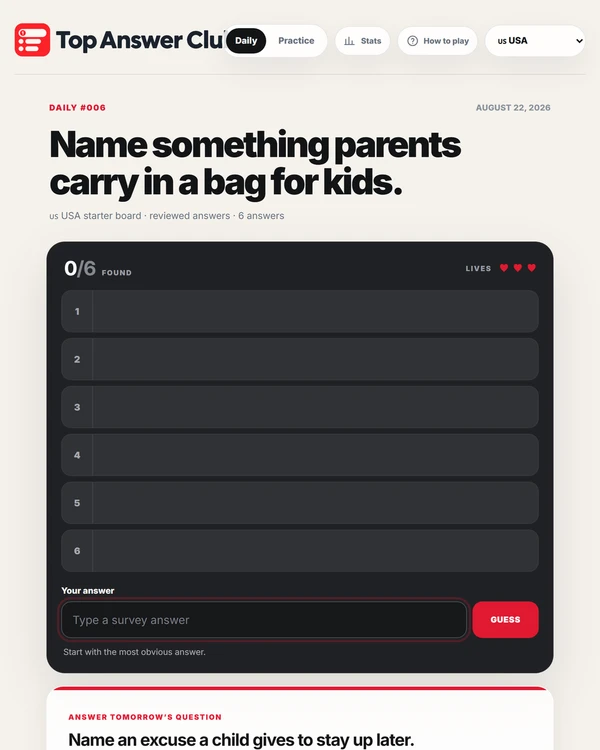 Screenshot of Top Answer Club, a daily trivia game