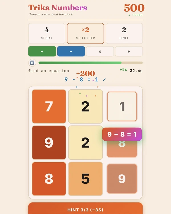 Screenshot of Trika, a daily math game