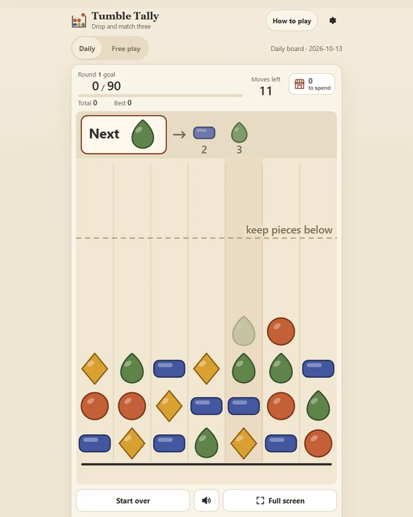 Screenshot of Tumble Tally, a daily logic game