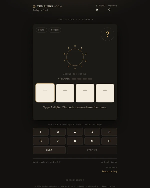 Screenshot of Tumblers, a daily number game