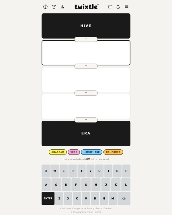 Screenshot of Twixtle, a daily word game