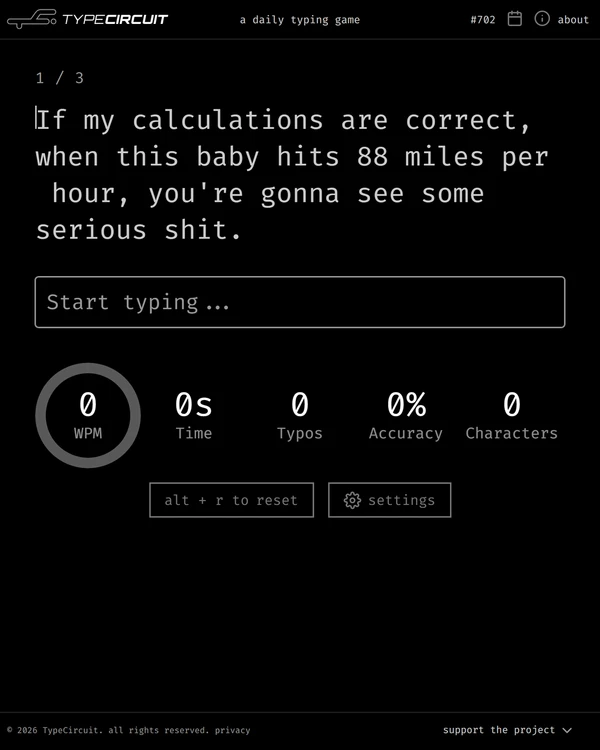Screenshot of TypeCircuit, a daily skill game