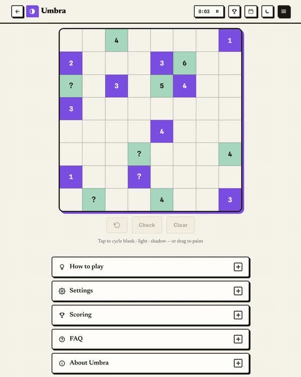 Screenshot of Umbra, a daily logic game