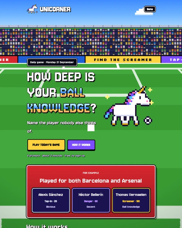 Screenshot of Unicorner, a daily sports game
