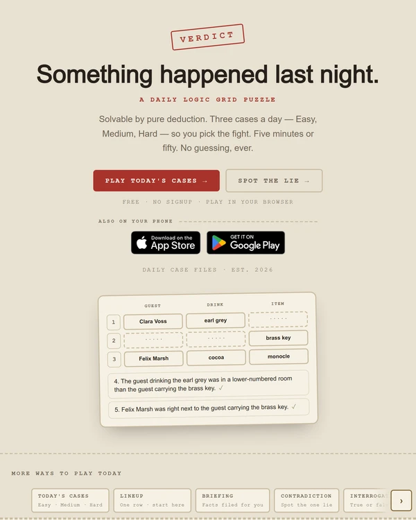 Screenshot of Verdict, a daily logic game