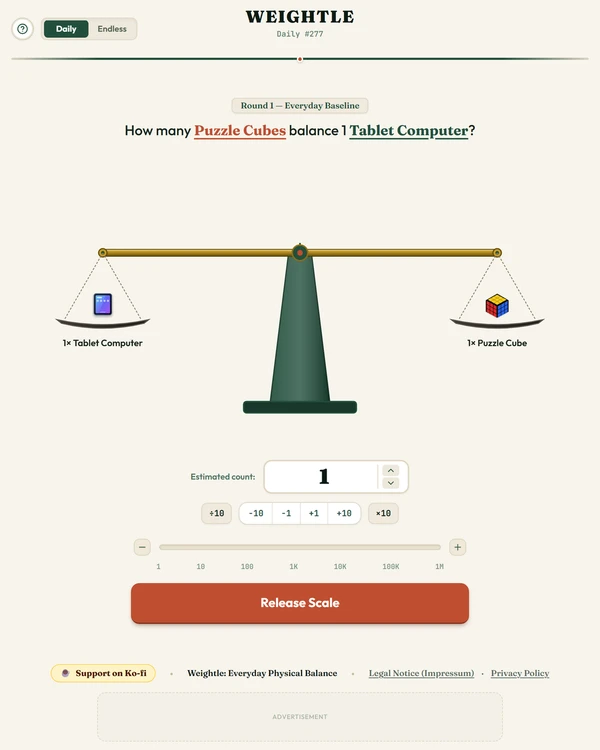 Screenshot of Weightle, a daily estimation game