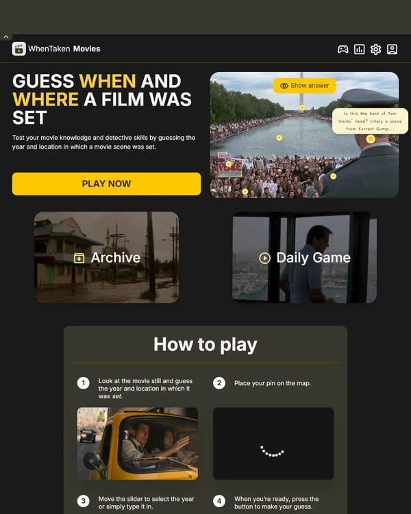 Screenshot of WhenTaken Movies, a daily pop culture game