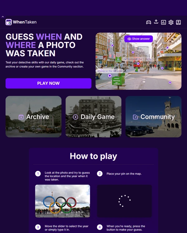 Screenshot of WhenTaken, a daily geography game