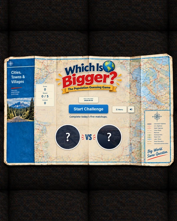 Screenshot of Which Is Bigger?, a daily geography game
