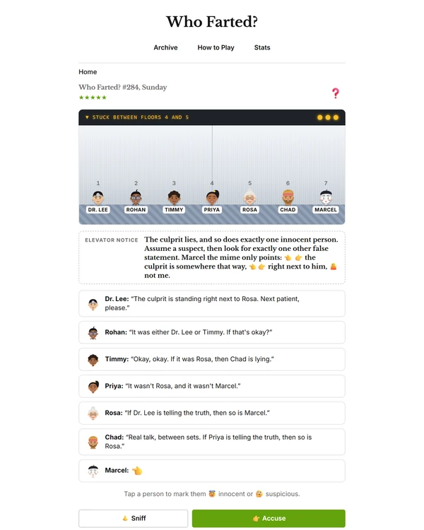 Screenshot of Who farted?, a daily logic game