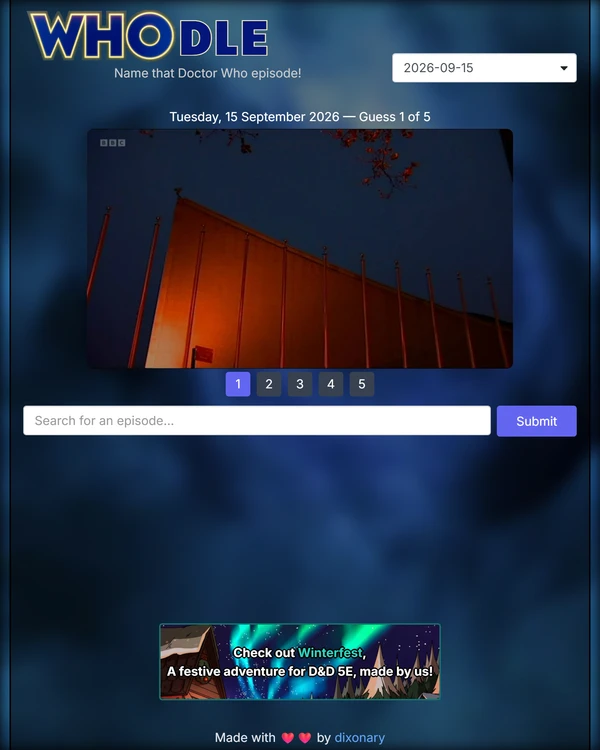 Screenshot of Whodle, a daily fandom game