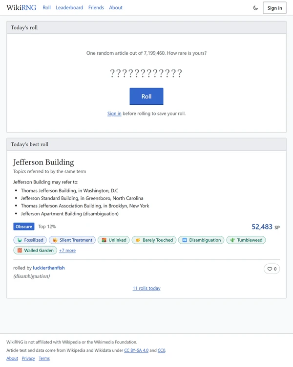 Screenshot of WikiRNG, a daily luck game