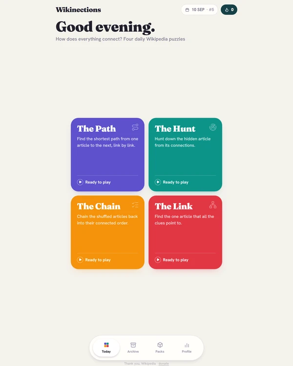 Screenshot of Wikinections, a daily trivia game
