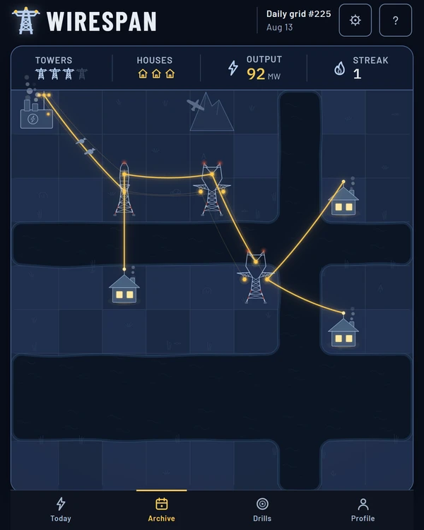 Screenshot of Wirespan, a daily logic game