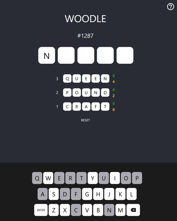 Screenshot of Woodle, a daily word game