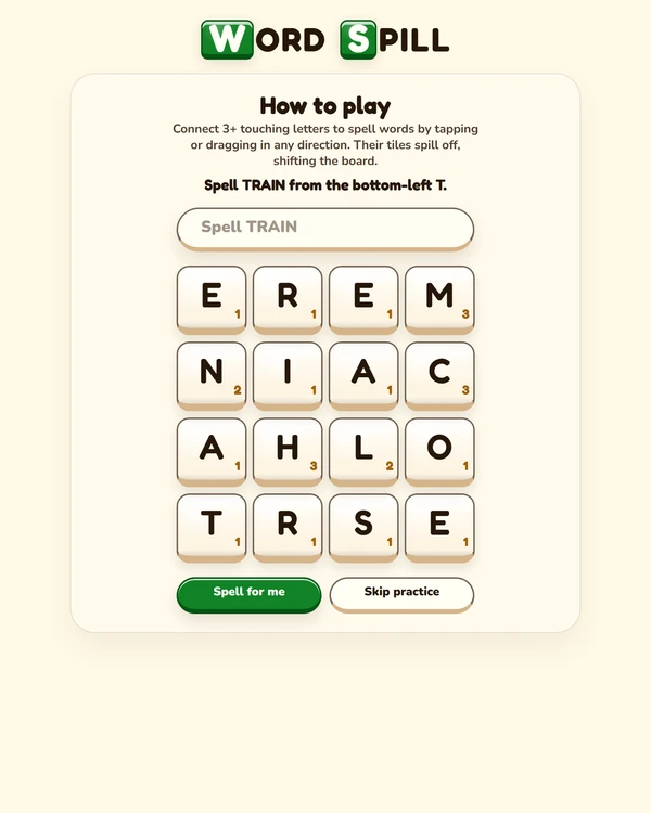 Screenshot of Word Spill, a daily word game