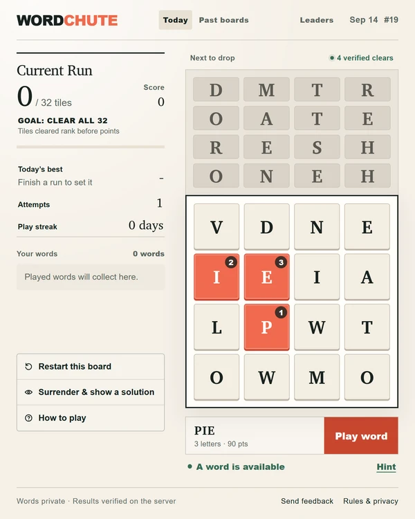 Screenshot of Wordchute, a daily word game