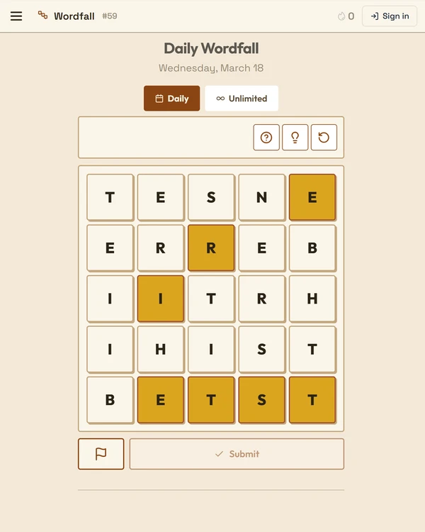 Screenshot of Wordfall, a daily word game