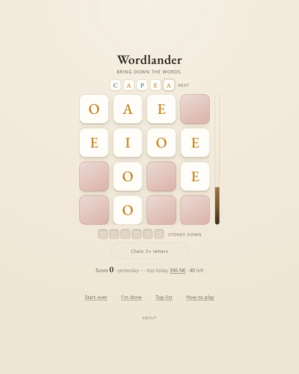 Screenshot of Wordlander, a daily word game
