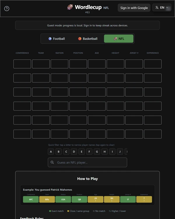 Screenshot of Wordlecup NFL, a daily sports game