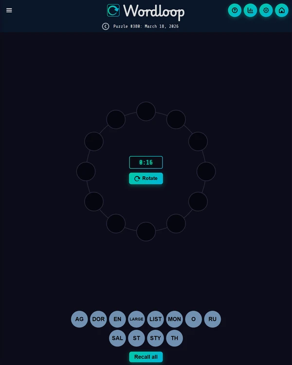 Screenshot of Wordloop, a daily word game
