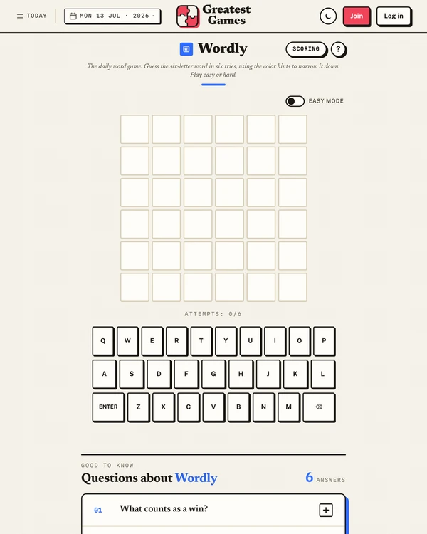 Screenshot of Wordly, a daily word game