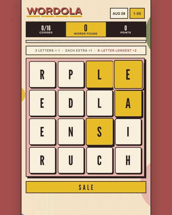 Screenshot of Wordola, a daily word game