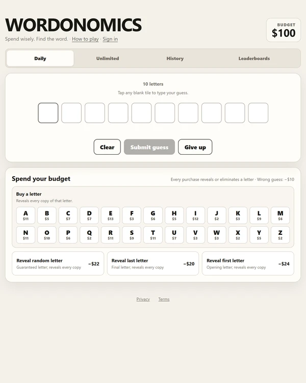 Screenshot of WORDONOMICS, a daily word game