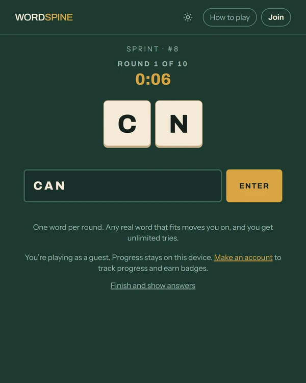 Screenshot of Wordspine, a daily word game