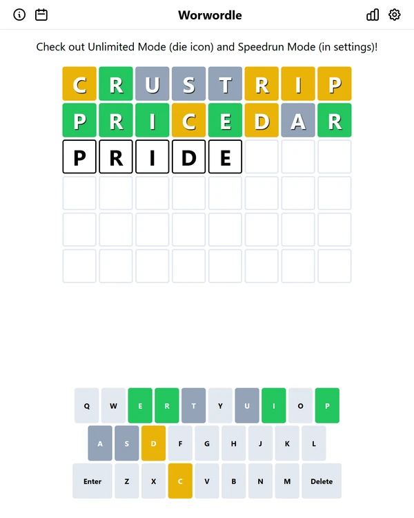 Screenshot of Worwordle, a daily word game