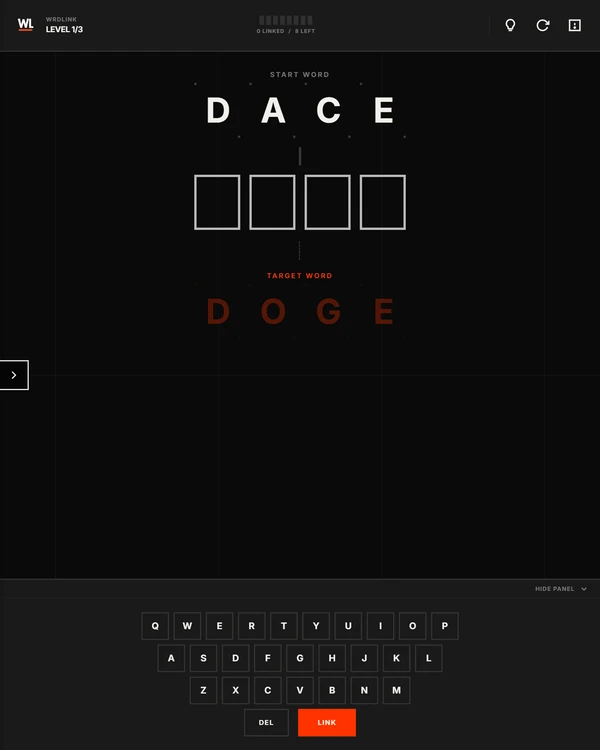 Screenshot of WRD LINK, a daily word game