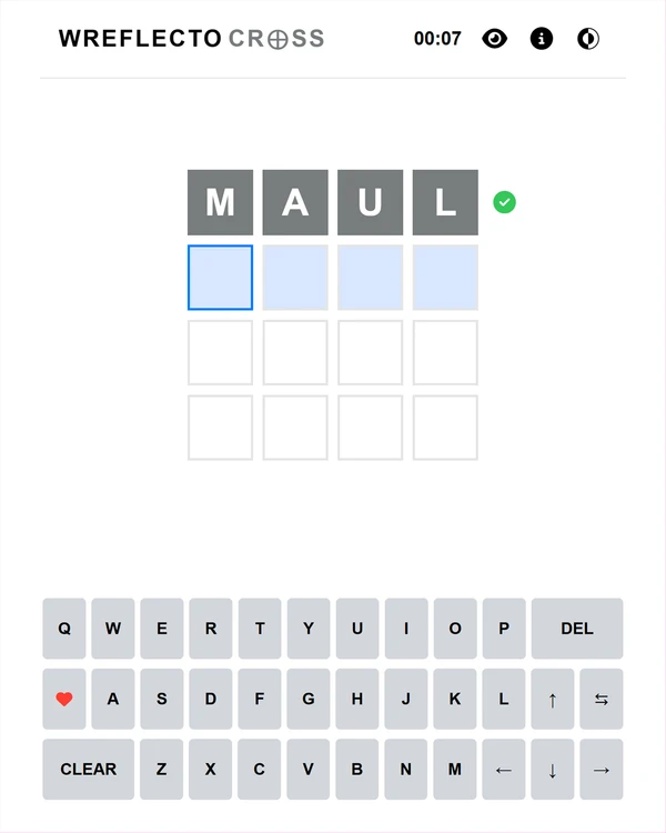 Screenshot of Wreflecto Cross, a daily word game