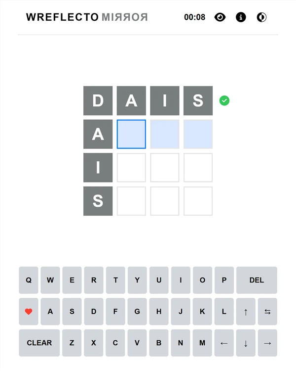 Screenshot of Wreflecto Mirror, a daily word game