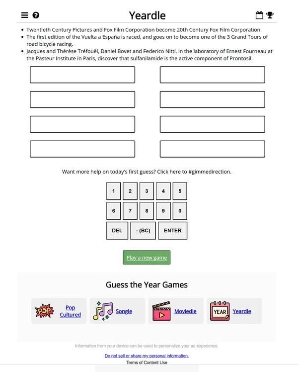 Screenshot of Yeardle, a daily trivia game