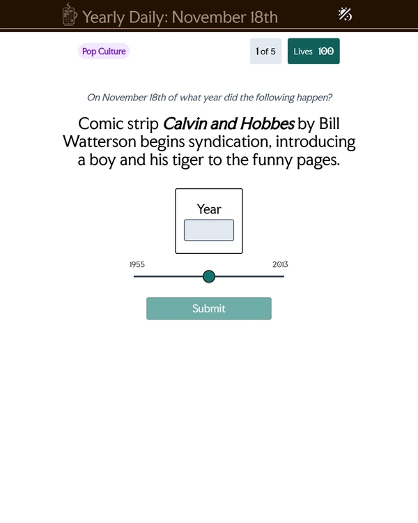 Screenshot of Yearly Daily, a daily trivia game