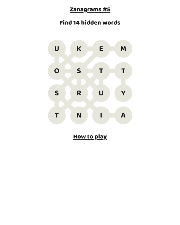 Screenshot of Zanagrams, a daily word game