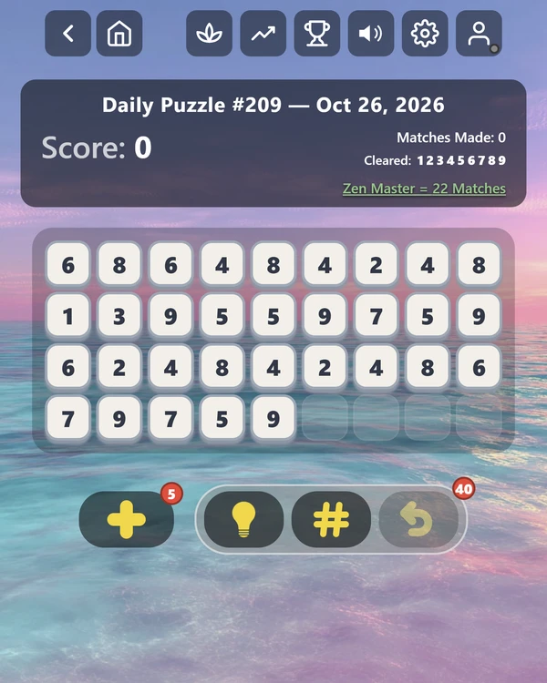 Screenshot of Zen Ten Match, a daily number game
