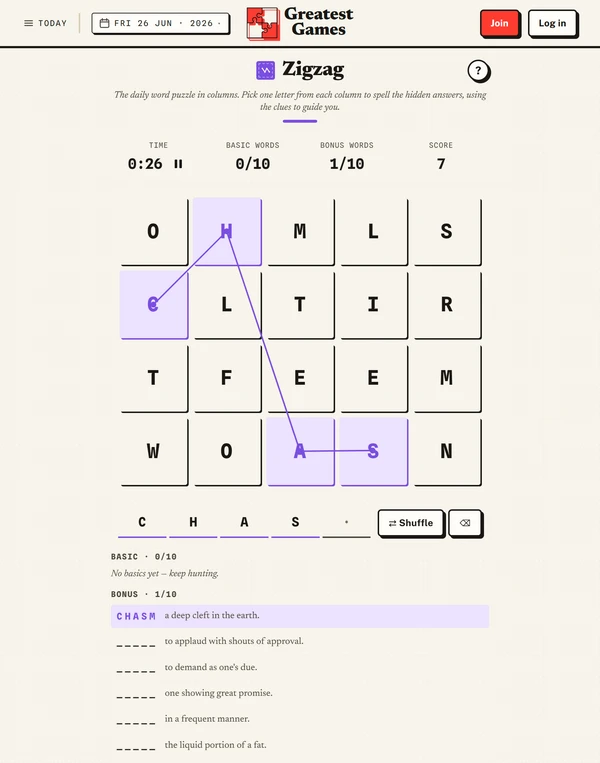 Screenshot of Zigzag, a daily word game